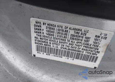 2008 Honda Odyssey Ex from USA, damaged, VIN 5FNRL38408B038610